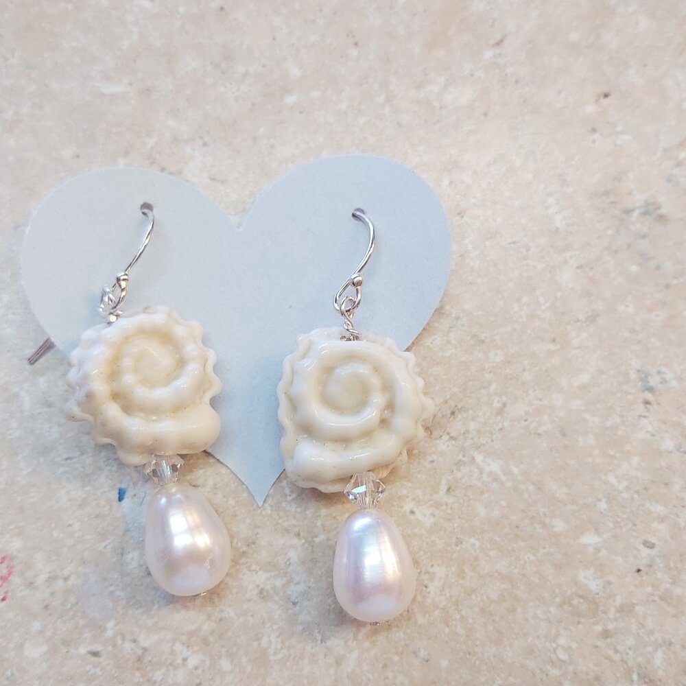 Shell lampwork glass earrings with sterling hooks
